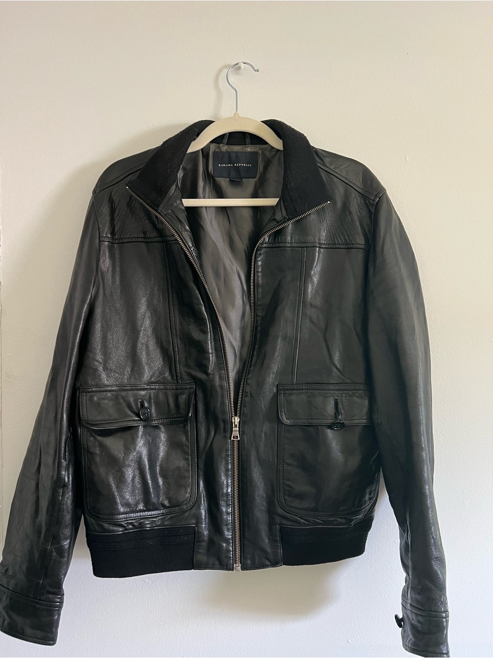 Banana Republic Black Leather Bomber Jacket with Ribbed Trim